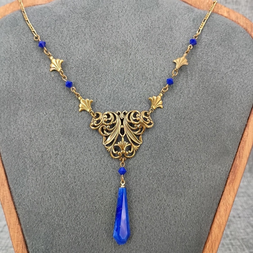 Vtg Sadie Green Necklace Brass Filigree Cobalt Blue Glass Drop Art Nouveau